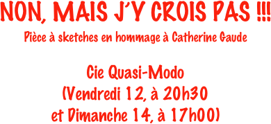 NON, MAIS J’Y CROIS PAS !!!
Pièce à sketches en hommage à Catherine Gaude


Cie Quasi-Modo
(Vendredi 12, à 20h30 
et Dimanche 14, à 17h00)